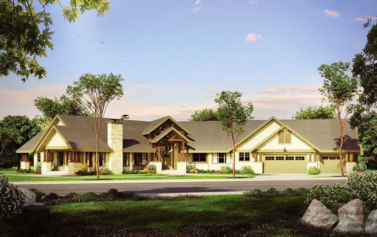 Craftsman house plan exterior with stone accents, a prominent chimney, covered entry with timber posts, and a three-car garage.