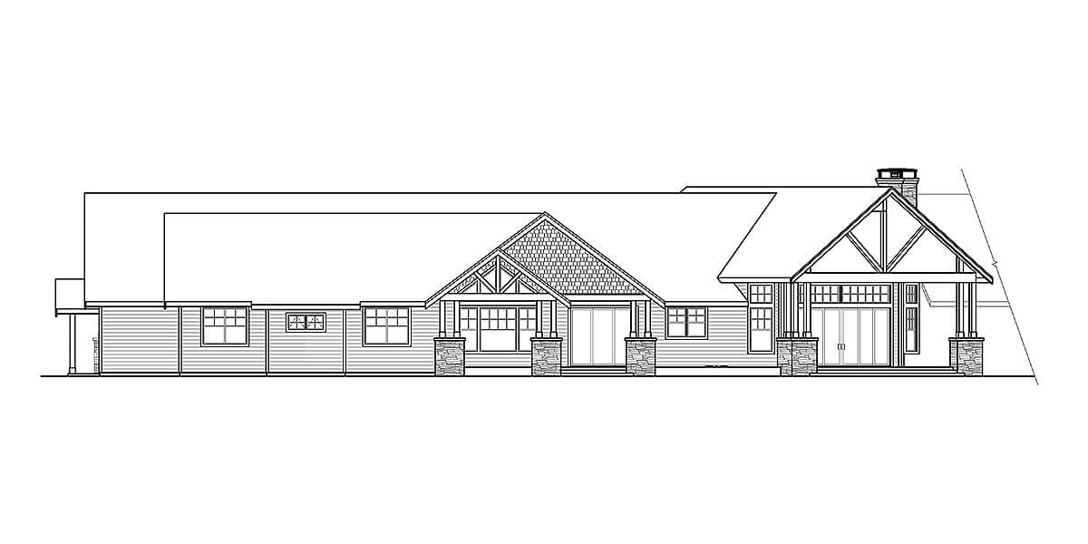 Craftsman house plan exterior, one story, with prominent gabled entrance, stone accents, and double door entry.