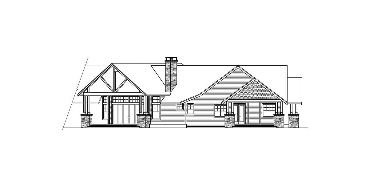 House plan exterior drawing showing a one-story home with a prominent gable, stone-clad porch supports, and a prominent chimney.