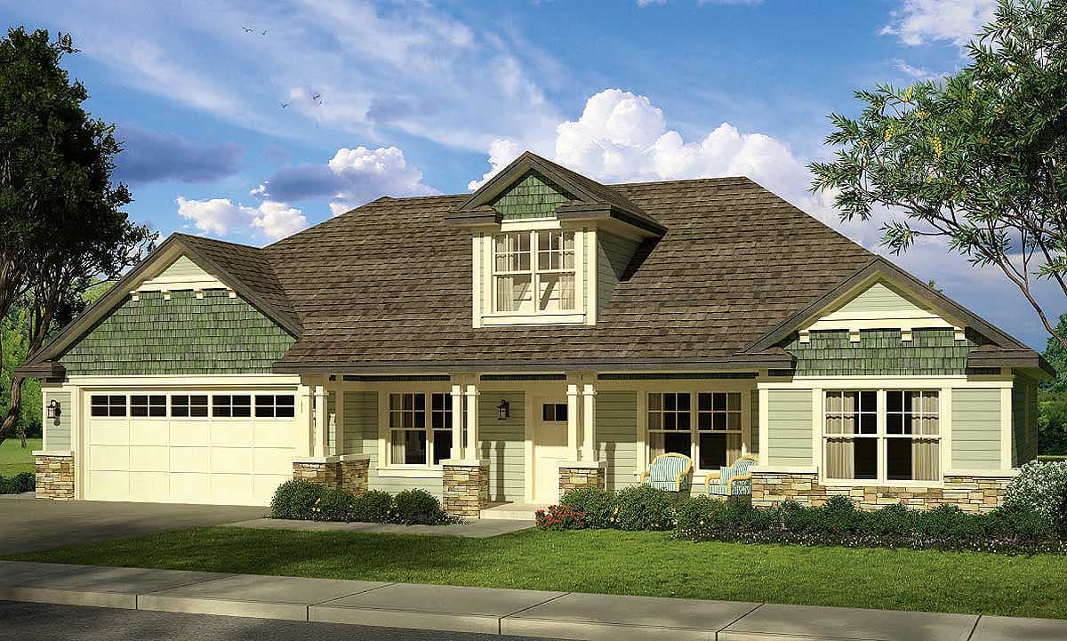 House plan exterior: Two-story with a dormer, covered porch with stone pillars, and a side-facing garage.