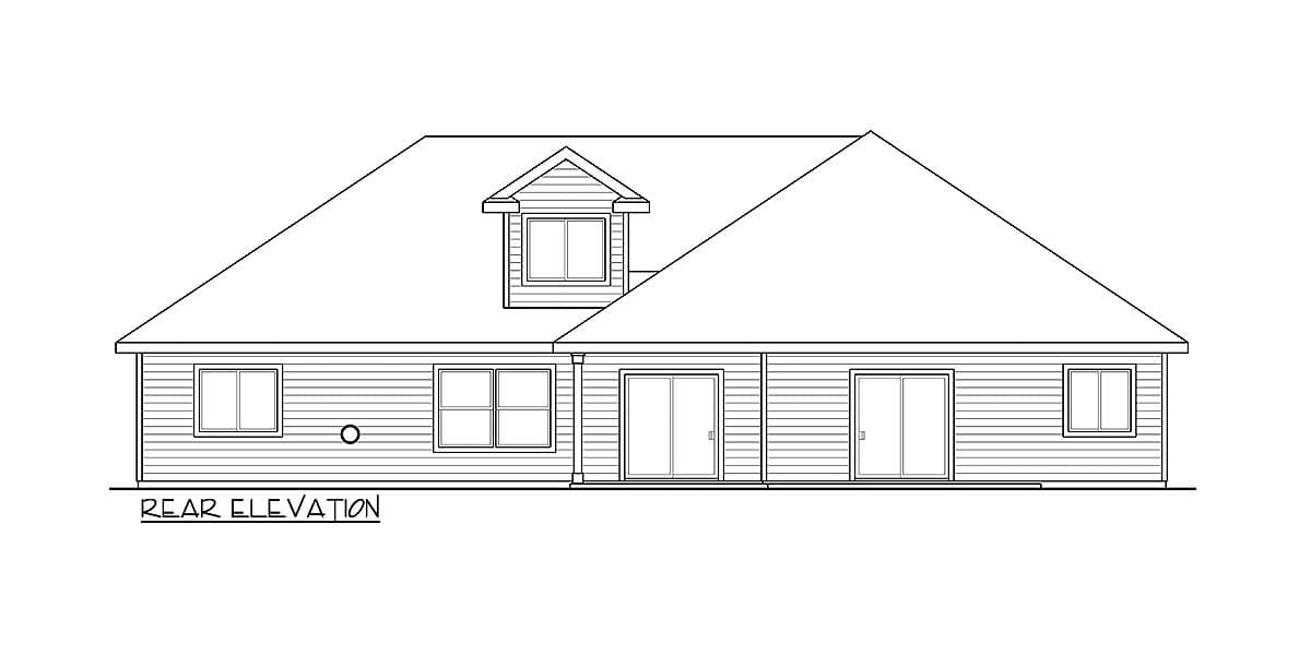 Rear elevation of house plan featuring a dormer, two sets of sliding glass doors, and multiple windows.