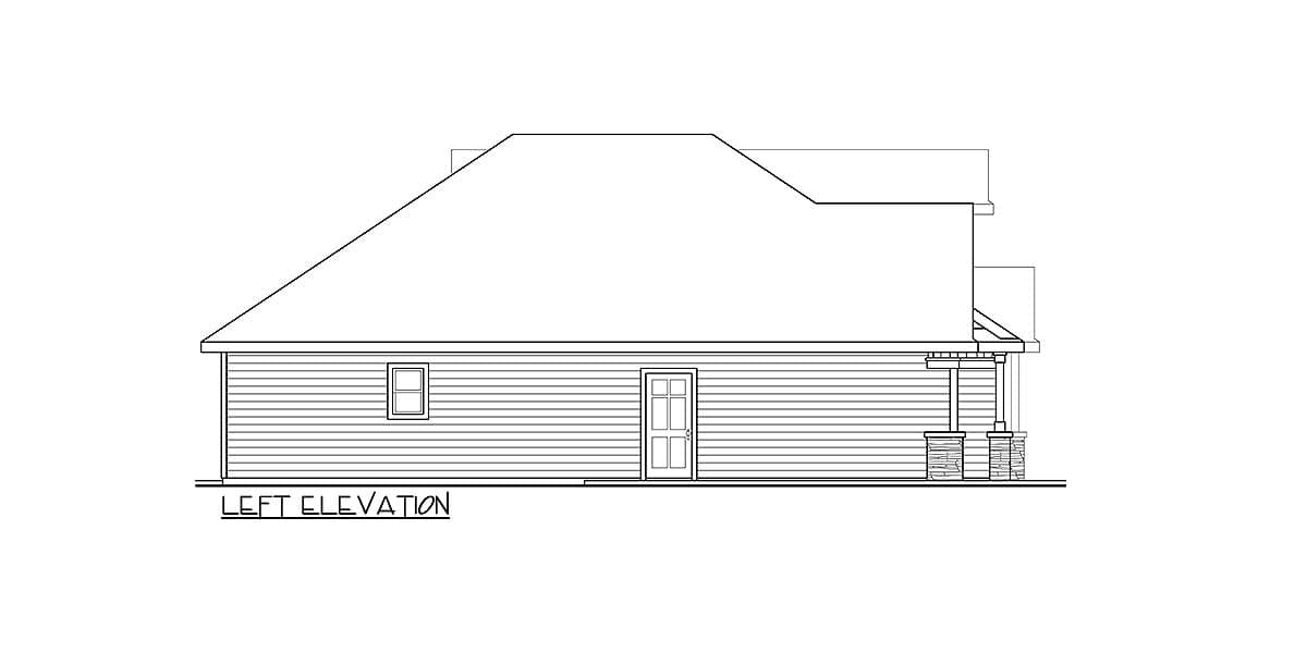 Left elevation drawing of a house plan showing siding, a single door, a small window, and a covered porch with stone columns.