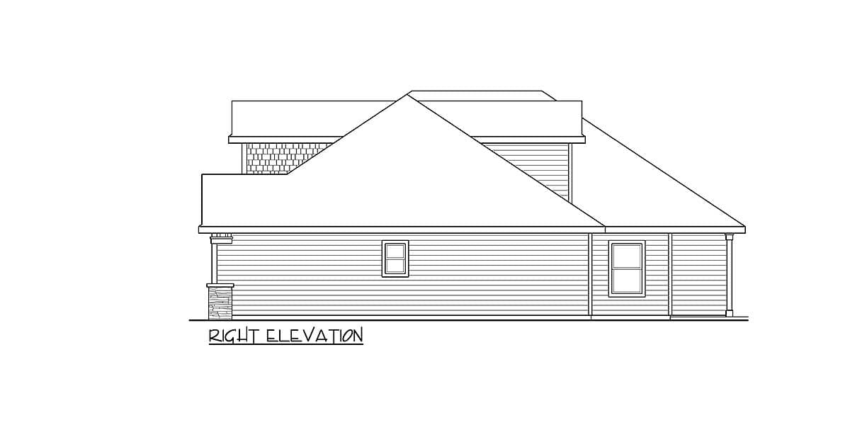 Right elevation drawing of a house plan with horizontal siding, a visible roofline, and two windows.