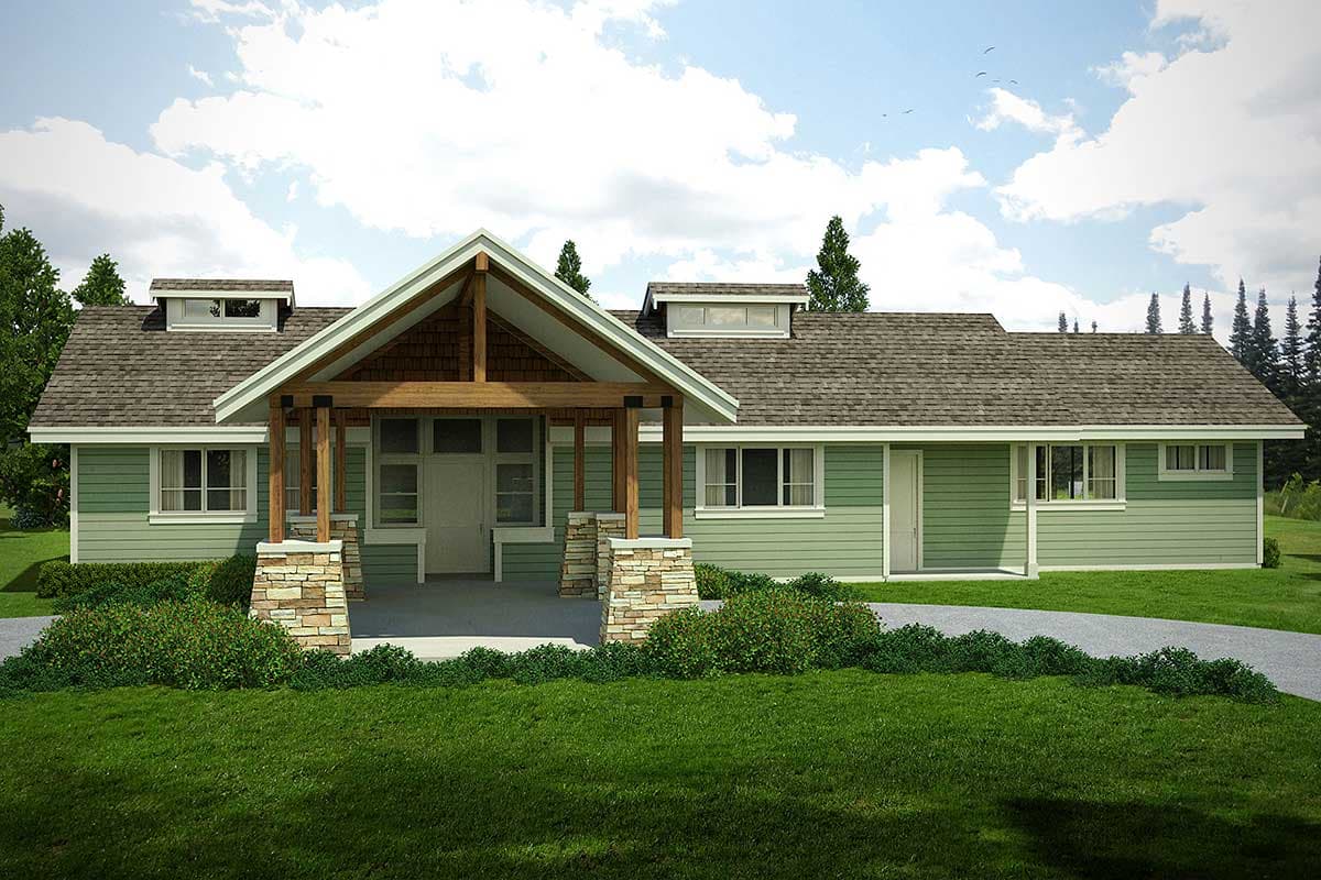 Craftsman style house plan exterior with gabled entrance, stone-clad columns, dormers, and horizontal siding.