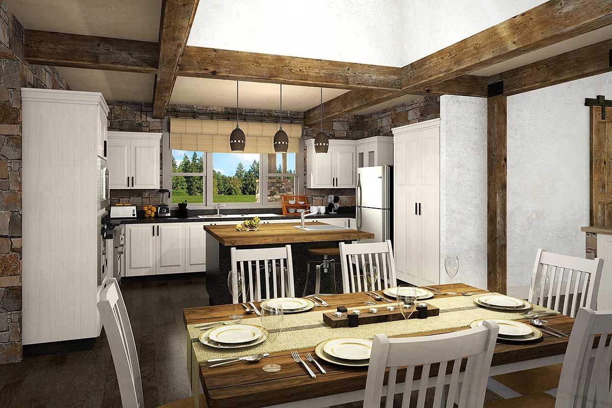 Interior rendering of a kitchen and dining area with stone accents, wood beams, white cabinets, and a central island.