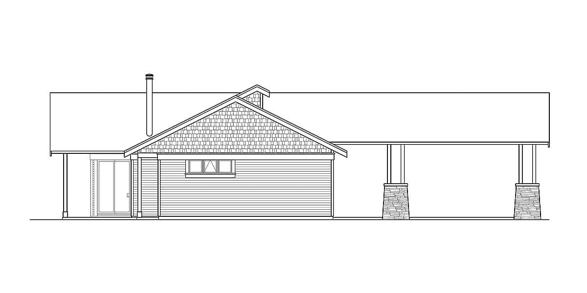 Side elevation of a house plan featuring a gable roof, shingle siding, a covered patio with stone pillars, and a chimney.