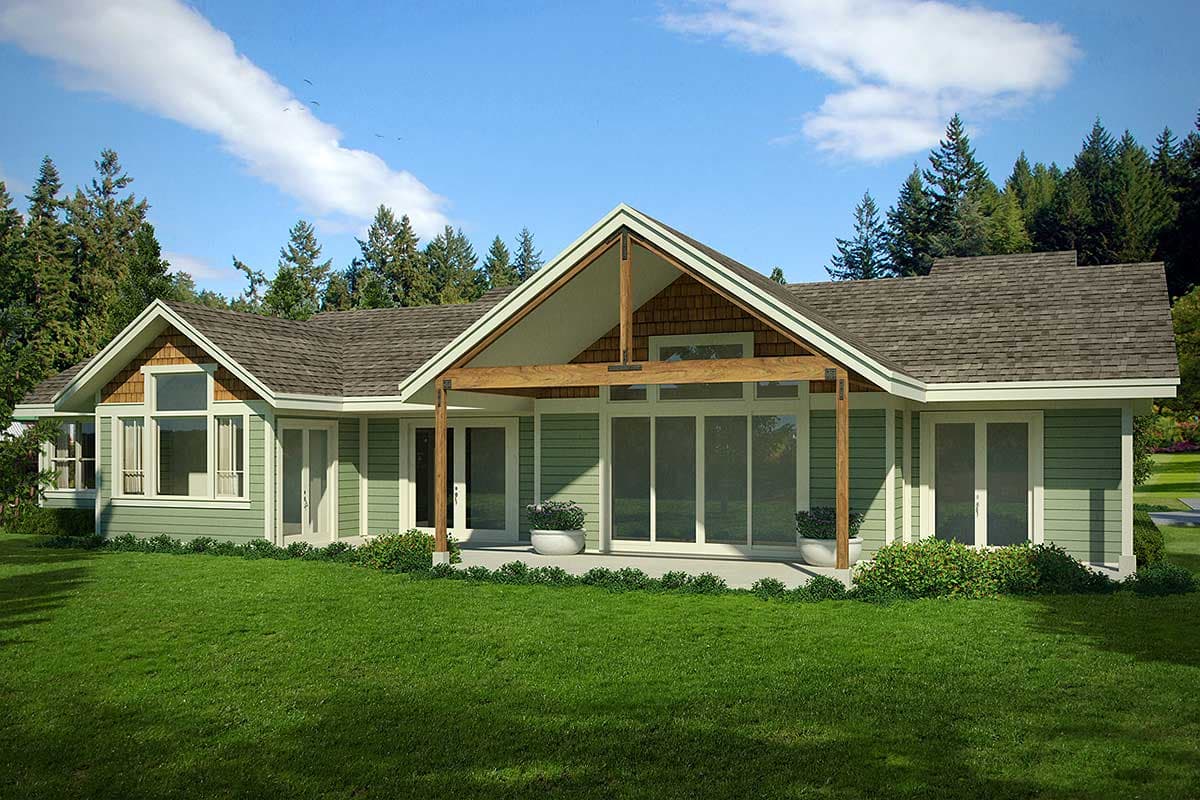 House plan exterior, single-story Modern Farmhouse with large windows, gabled roof, and covered patio with exposed beams.