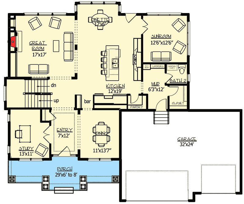 Plan 73329HS: Luxury Craftsman with Lower Level Billiards Room  - Floor Plan - Main Level - Craftsman, New American, Northwest, Traditional