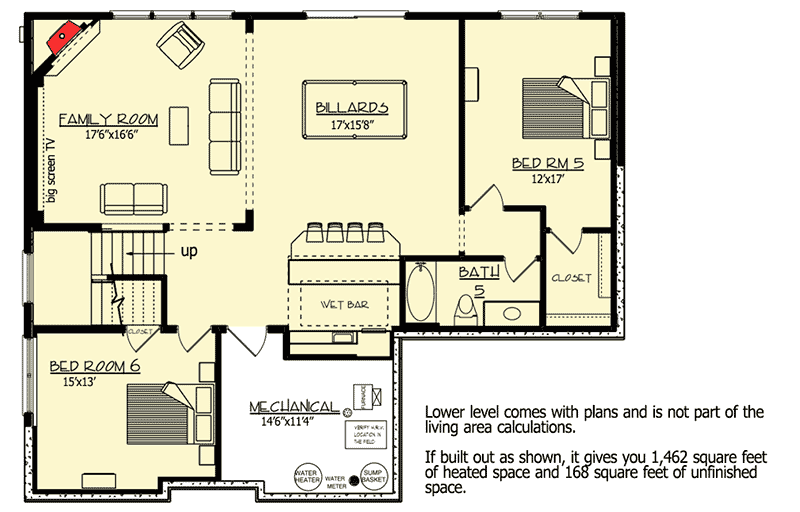 Plan 73329HS: Luxury Craftsman with Lower Level Billiards Room  - Floor Plan - Lower Level - Craftsman, New American, Northwest, Traditional