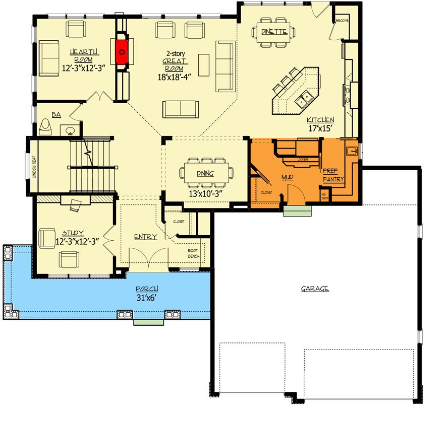 Plan 73330HS: Exclusive Craftsman House Plan With Amazing Great Room - 3634 Sq Ft - Floor Plan - Main Level - Prep Kitchen Option (+$195) - Craftsman, New American, Northwest, Traditional