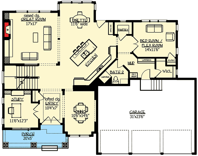 Plan 73332HS: Four Gabled Craftsman Stunner - Floor Plan - Main Level - Craftsman, New American, Northwest