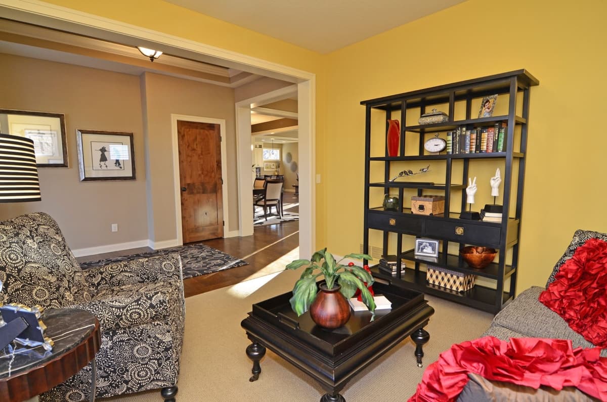 Living room with decorative shelf unit, patterned armchair, and doorway to dining area.