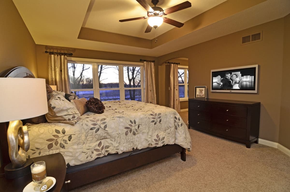 Bedroom with tray ceiling, fan, large windows overlooking fields, and wall-mounted TV above a dresser.