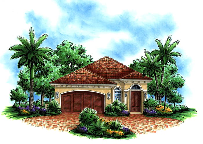 House plan exterior rendering of a single-story home with a tile roof, arched entryway, and attached two-car garage.