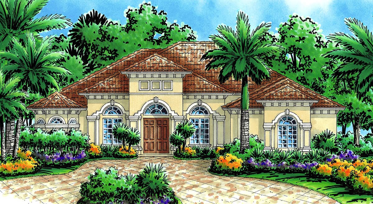 House plan exterior: Mediterranean style, one story, tiled roof, arched windows, central double doors, and symmetrical facade.
