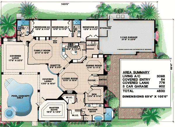 Plan 76005BW: Mediterranean House Plan with Arched Windows and a Huge Covered Lanai - 3098 Sq Ft - Floor Plan - Main Level - Florida-Style, Mediterranean, Southern