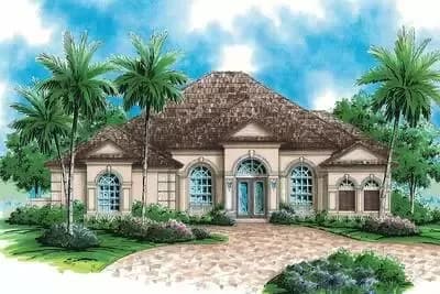 Mediterranean House Plan with 3-car Courtyard-style Garage