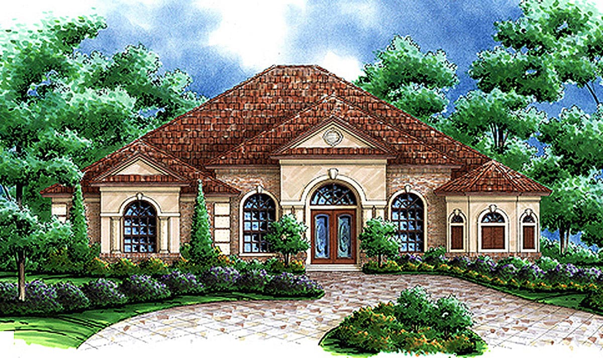 House plan exterior: One-story Mediterranean style with tiled hip roof, arched windows, and double-door entry.