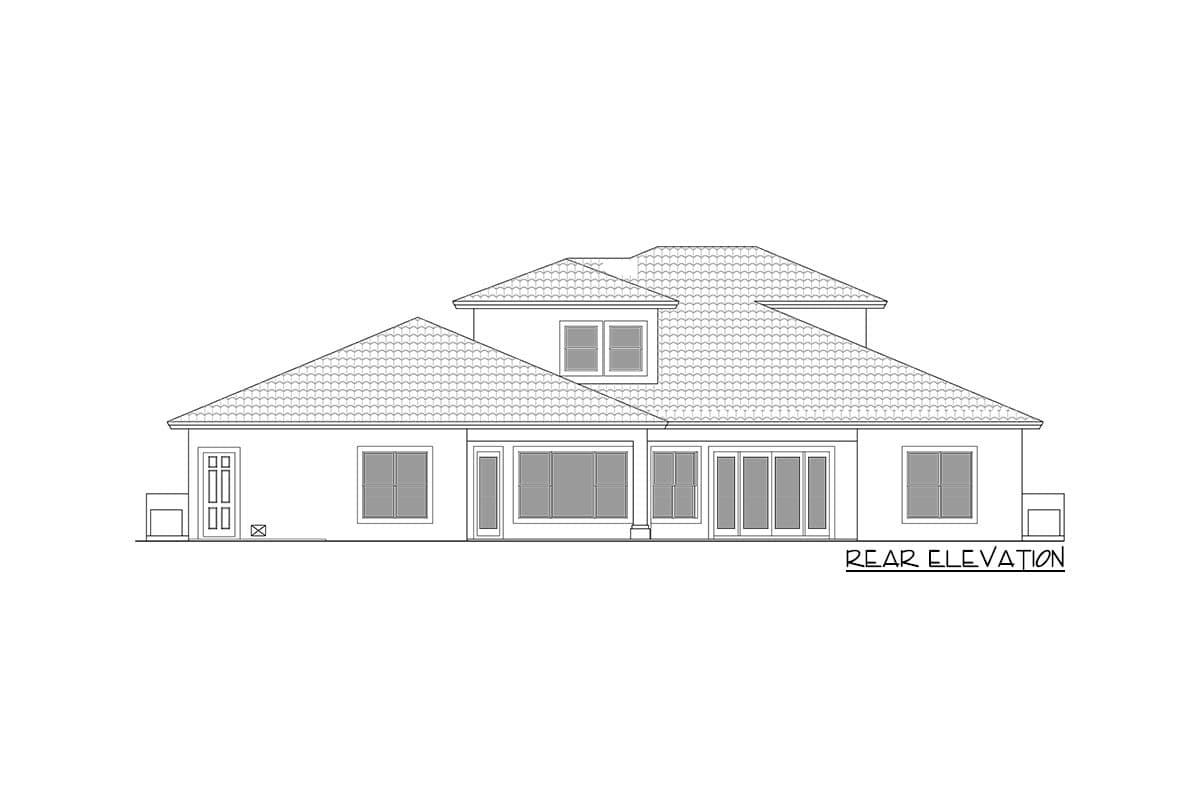 Rear elevation drawing of a multi-story house plan with multiple rooflines, windows, and a double door.