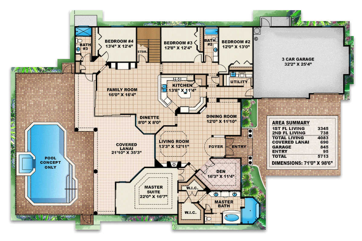 Plan 76013BW: Stunning Florida Home Plan - Floor Plan - Main Level - Florida-Style, Mediterranean