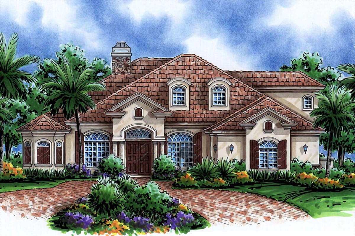 House plan exterior. Two-story Mediterranean-style residence with tile roof, arched windows, stone chimney, and brick driveway.
