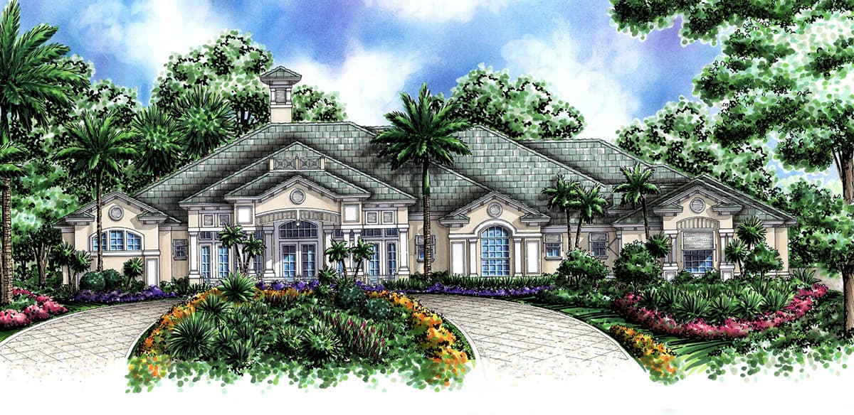 House plan exterior: single-story Mediterranean style with a hip roof, arched windows, double front doors, and a decorative gable.