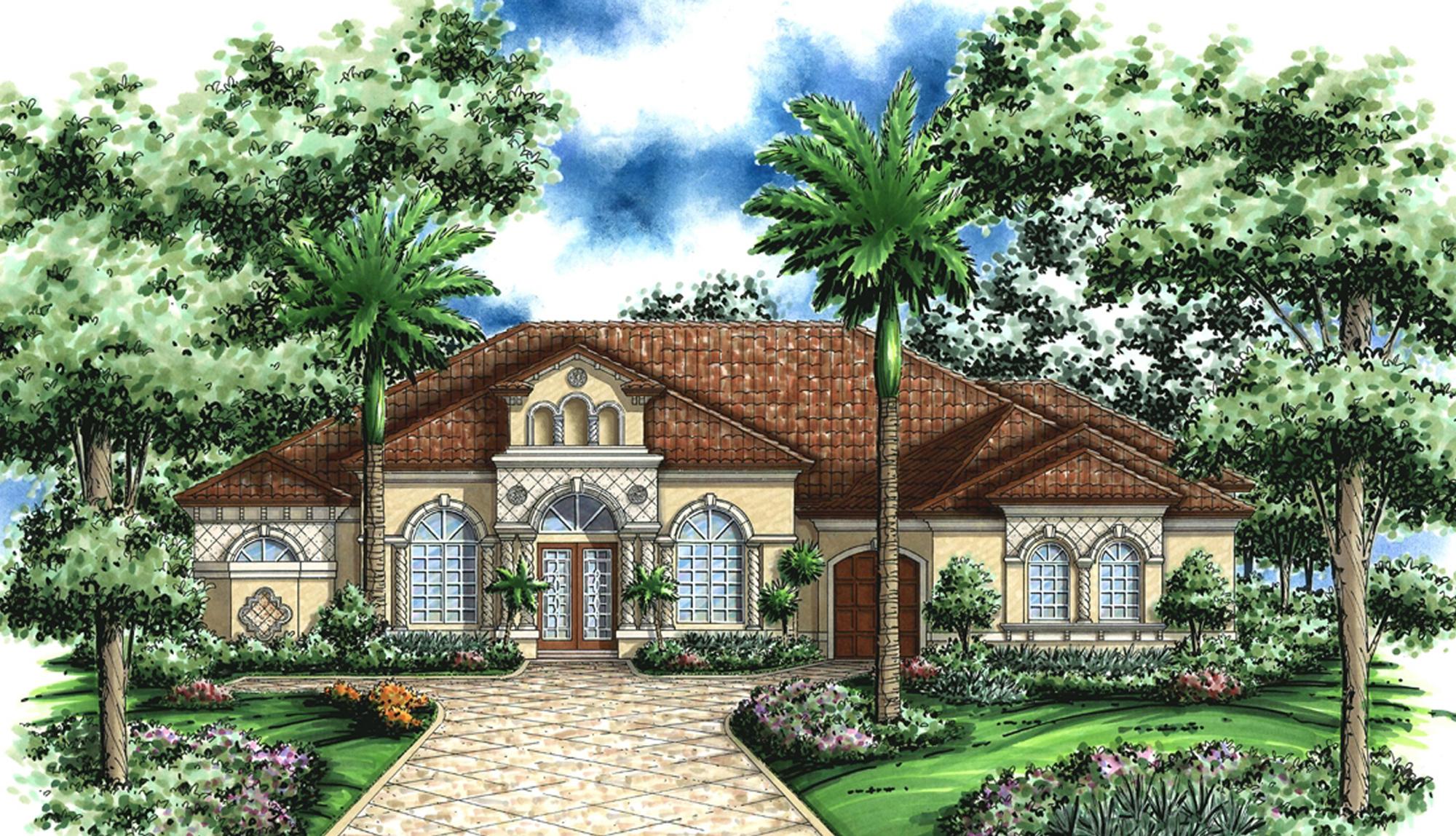 House plan exterior rendering of a one-story Mediterranean-style home with a tile roof, arched windows, and a central entryway.