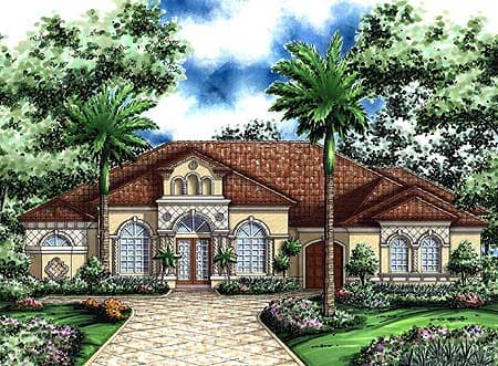 House plan exterior: Mediterranean style, one story, with tiled roof, arched windows, double front doors, and attached garage.