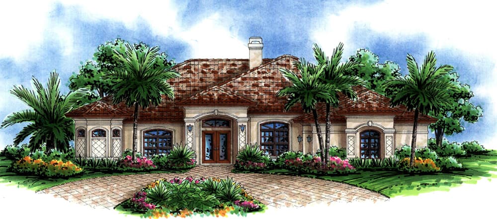 House plan exterior: one-story Mediterranean style with arched windows, a tiled roof, and a central arched entrance.