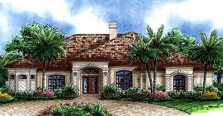 House plan exterior: One-story house with a tile roof, arched entryway, symmetrical window placement, and prominent chimney.