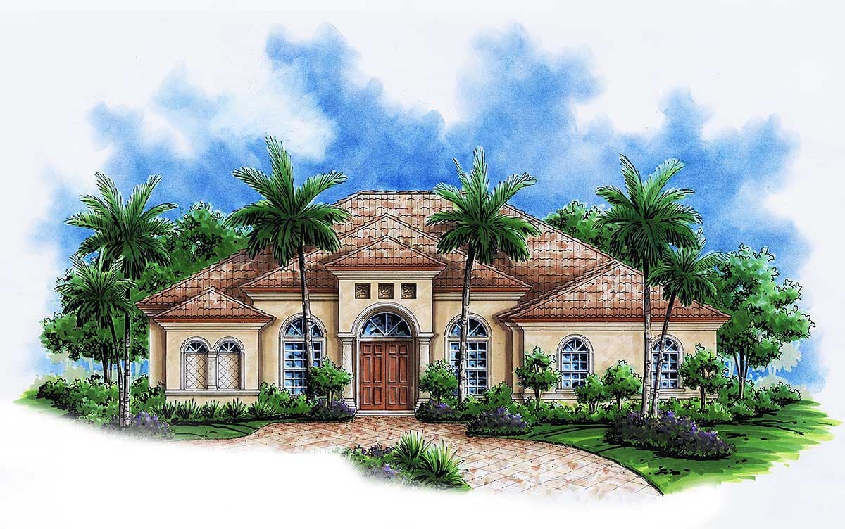 House plan exterior drawing of a one-story home with a tile roof, arched windows, and a central double-door entry.