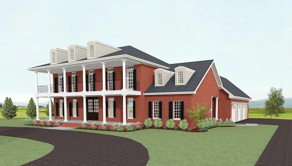 House plan exterior: Two-story brick home with a wraparound upper balcony, five dormers, and a three-car garage.