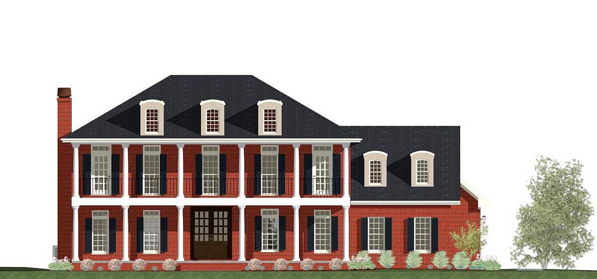 House plan exterior: two-story brick home with a full-width covered porch, central double doors, and five dormers.
