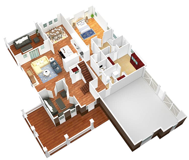 Plan 77601FB: Exclusive Country Farmhouse with 2 Master Suites - Floor Plan - 3D Main Level  - Country, Farmhouse, Traditional