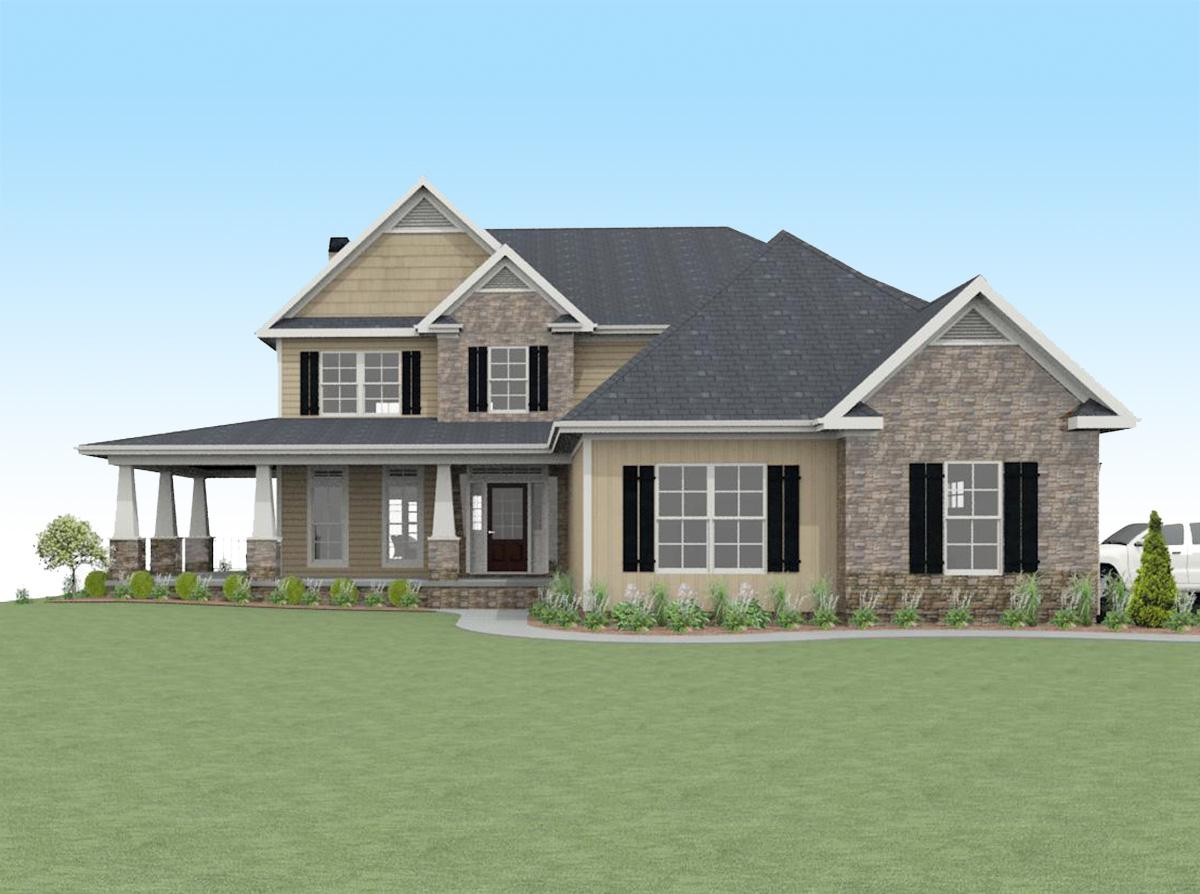 House plan exterior featuring a two-story farmhouse style with a wraparound porch, gables, stone accents, and dark shingle roof.