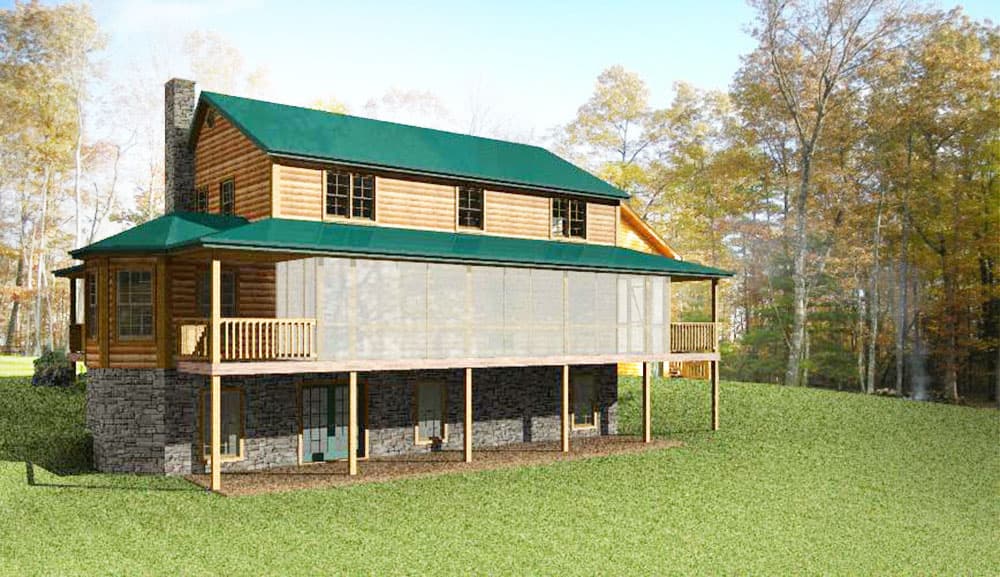 Log home exterior with stone foundation, two stories, gable roof, prominent chimney, and screened porch with wooden railings.