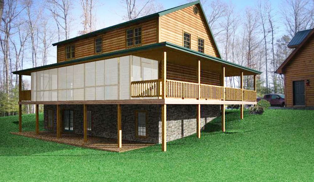 Log cabin house plan exterior with wrap-around porch, screened porch, and stone foundation.