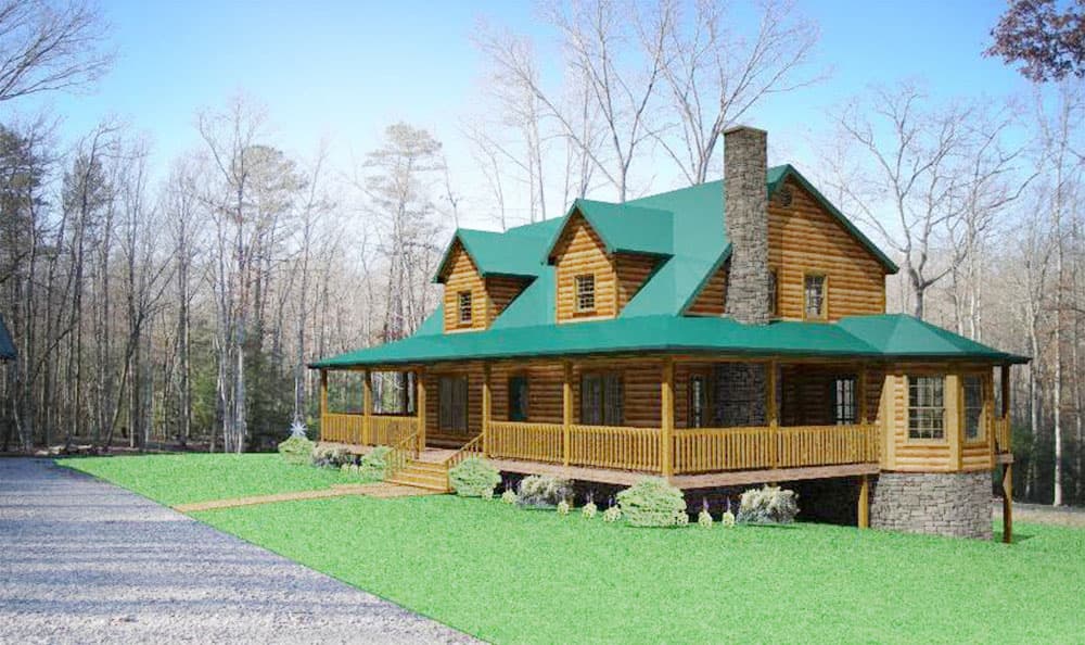 Log cabin house plan exterior with wrap-around porch, stone foundation, and multiple gables.
