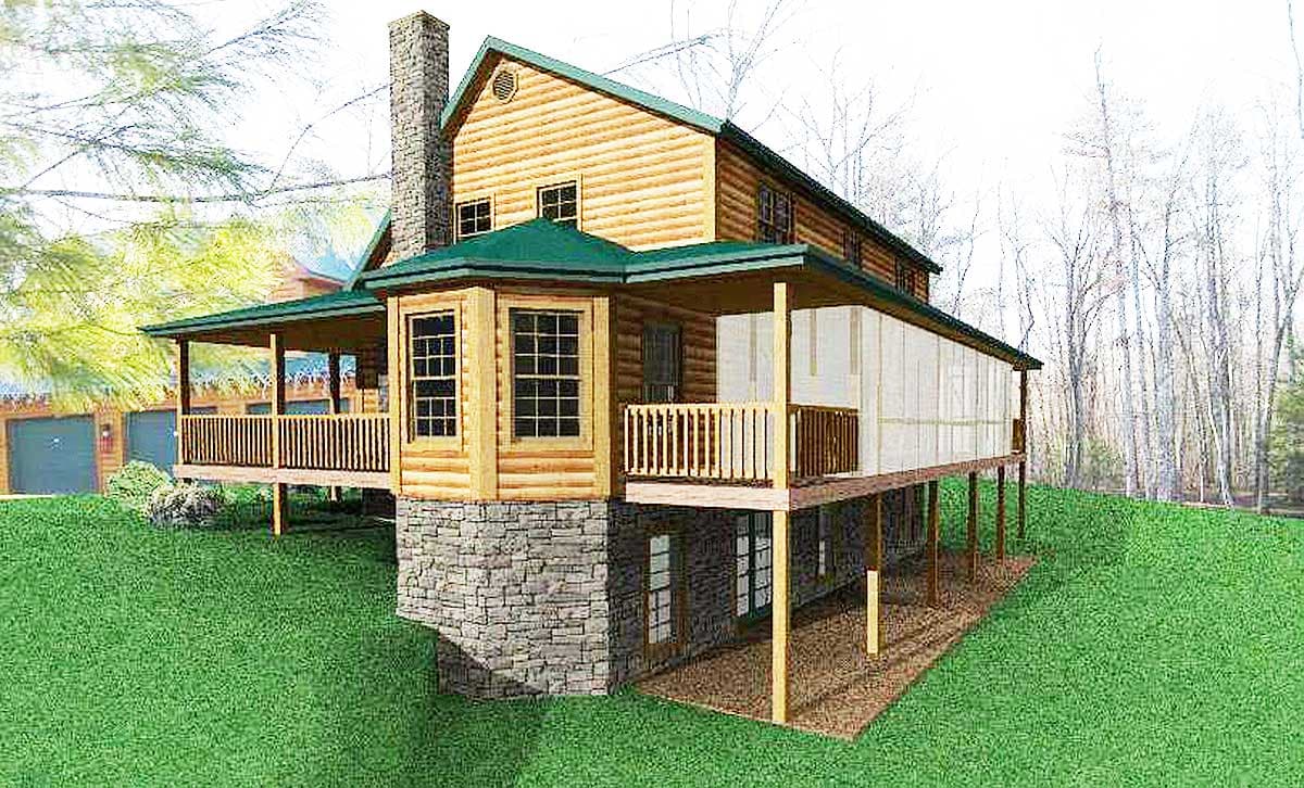 Log cabin house plan exterior with stone foundation, wrap-around porch, bay window, and screened porch section.