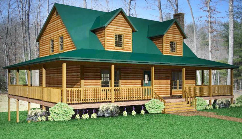 House plan exterior. Two-story log cabin with a wrap-around porch, gabled dormers, and a green metal roof.