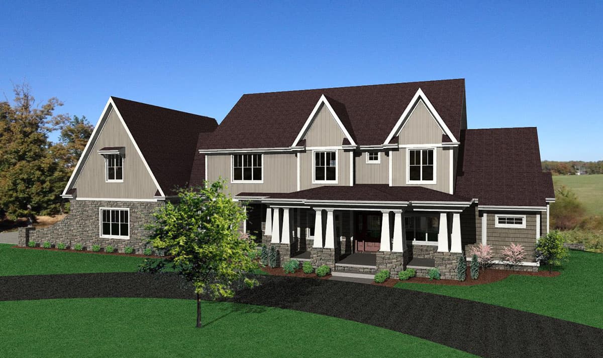House plan exterior rendering. Two-story, farmhouse-style home with gables, a covered porch with columns, and stone accents.