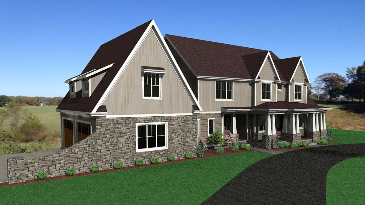 House plan exterior with stone base, two-story gabled front, and covered porch with column supports. Attached garage visible.