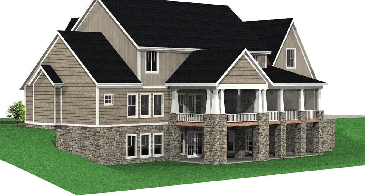 House plan exterior: Two-story home with stone foundation, shingle siding, gables, and a screened-in porch with columns.