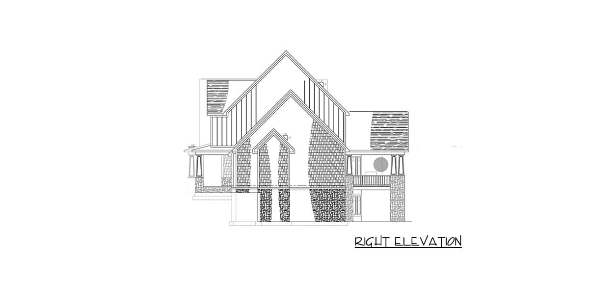 Right elevation drawing of a house plan featuring gabled roofs, stone accents, and a wraparound porch with columns.