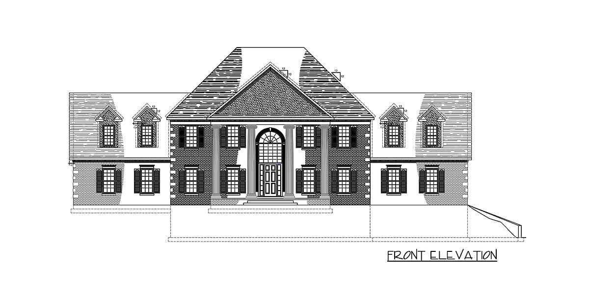 Front elevation drawing of a large house with symmetrical facade, portico, dormers, and detailed rooflines.