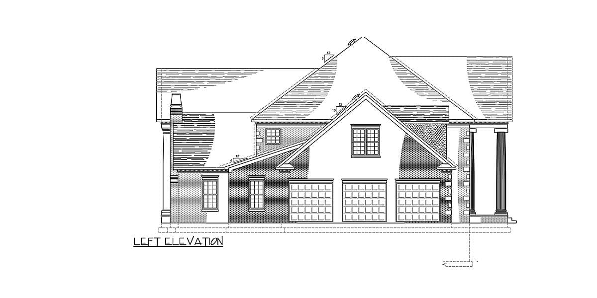 Left elevation house plan showing a brick and stucco facade with a multi-level roof, three garage bays, and classical columns.