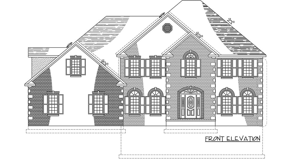 Front elevation house plan showing a two-story brick house with multiple gables, arched windows, and a central entrance.