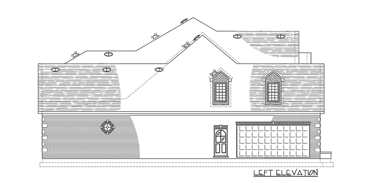 Left elevation drawing shows a two-story house plan with gabled dormers, arched entry door, and attached garage.