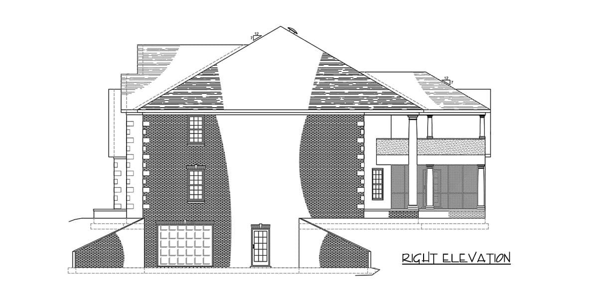 Right elevation house plan showing brick facade, multi-story structure, large windows, and a covered porch with columns.