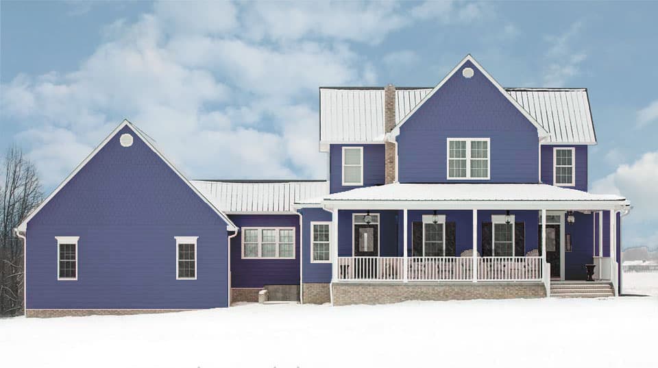 House plan exterior with two stories, a farmhouse style, a front porch, gables, and a metal roof.